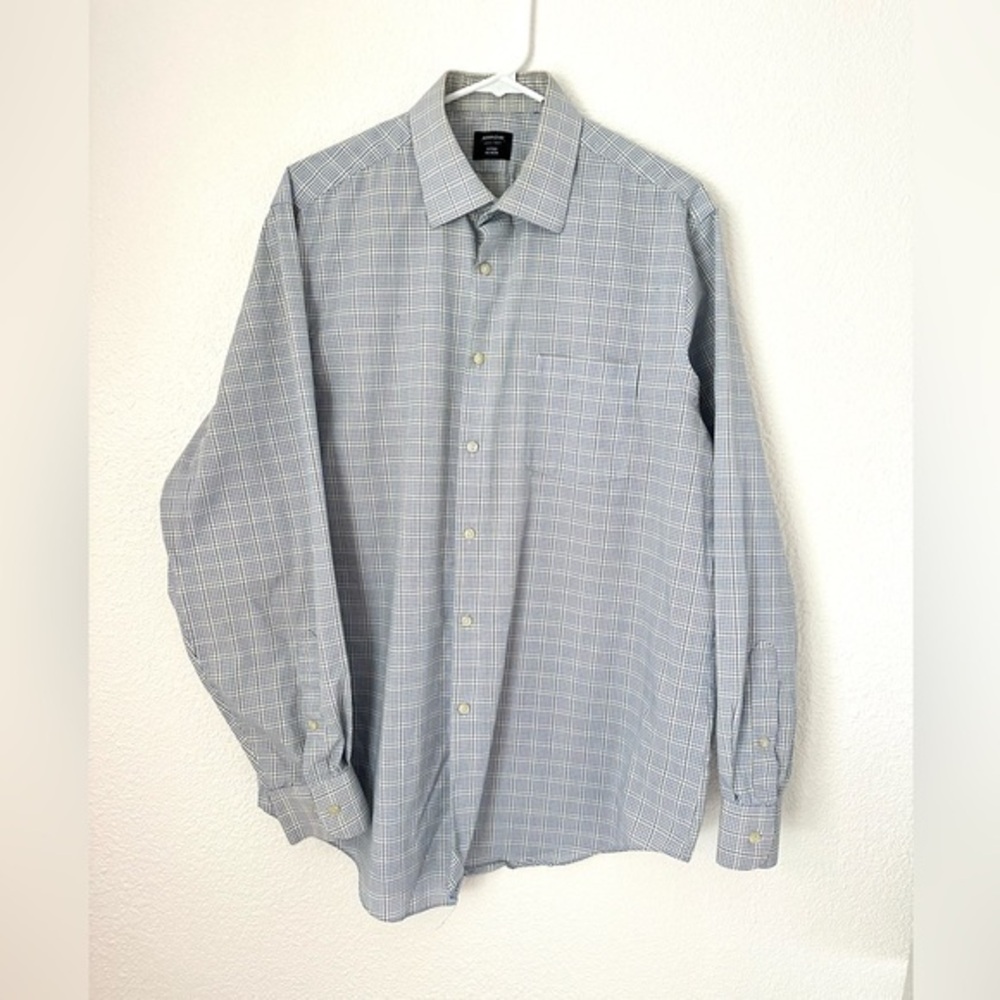 Arrow Dress Shirt Men’s 16.5 White Plaid Fitted Button Front Shirt